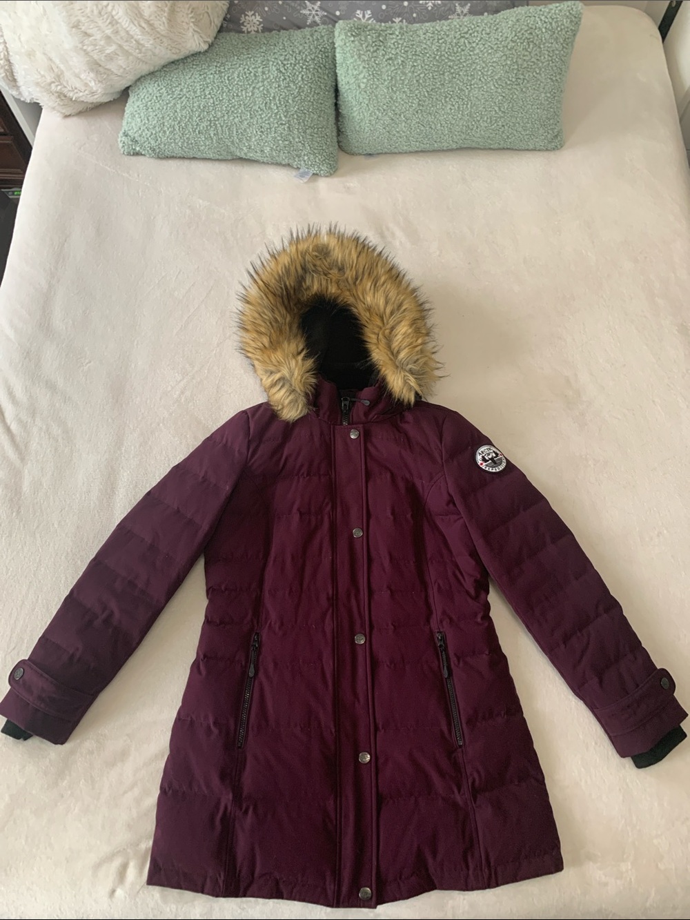Women's Long Faux-Fur Hooded Puffer Coat in Burgundy